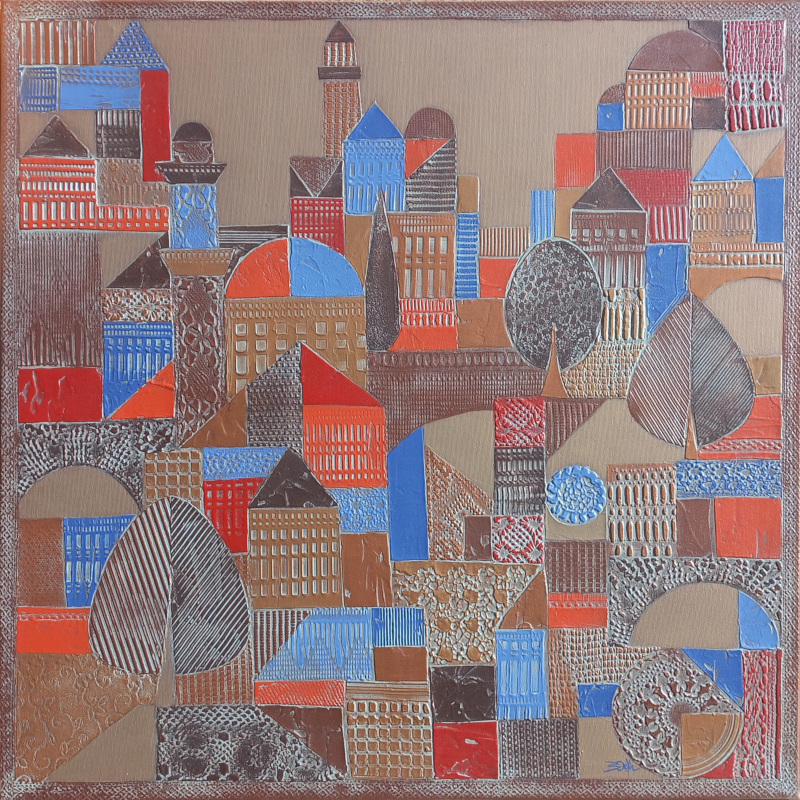 80x80cm. PAYSAGE URBAIN. Cuivre, rouge et bleu